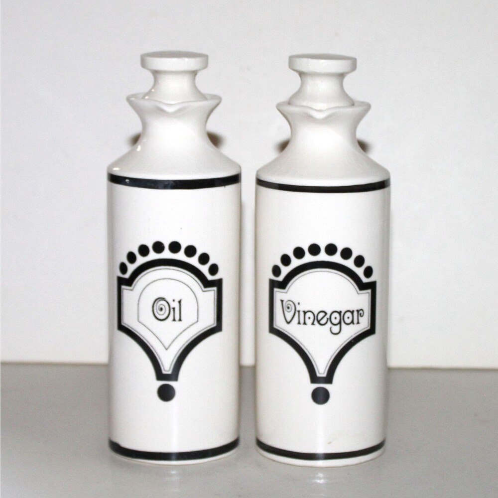 Vintage Set Oil Vinegar ceramic Japan Mid Century Modern black white mod